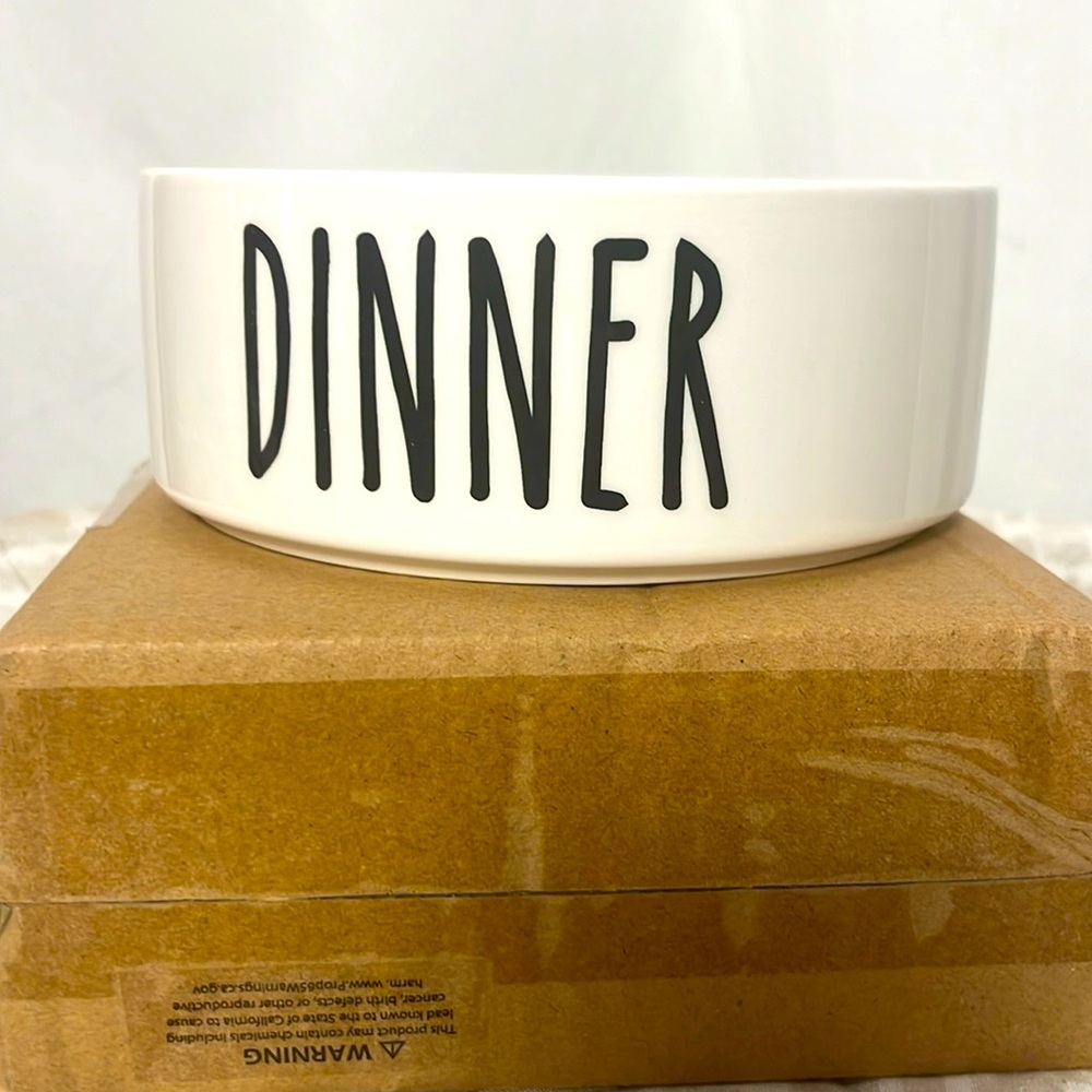 NIB NWT 47th &Main white Ceramic Pet “Dinner” bowl 6” x 2” depth black print